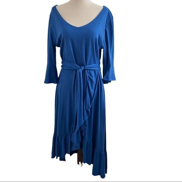 Soft Surroundings Stretchy Blue Ruffled Midi Dress w/ Waist Tie Belt MP - Picture 1 of 9